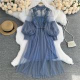 Blue Mesh Long Sleeve Lace Embroidered Two Pieces Straps Vest Casual Fashion Maxi Dress