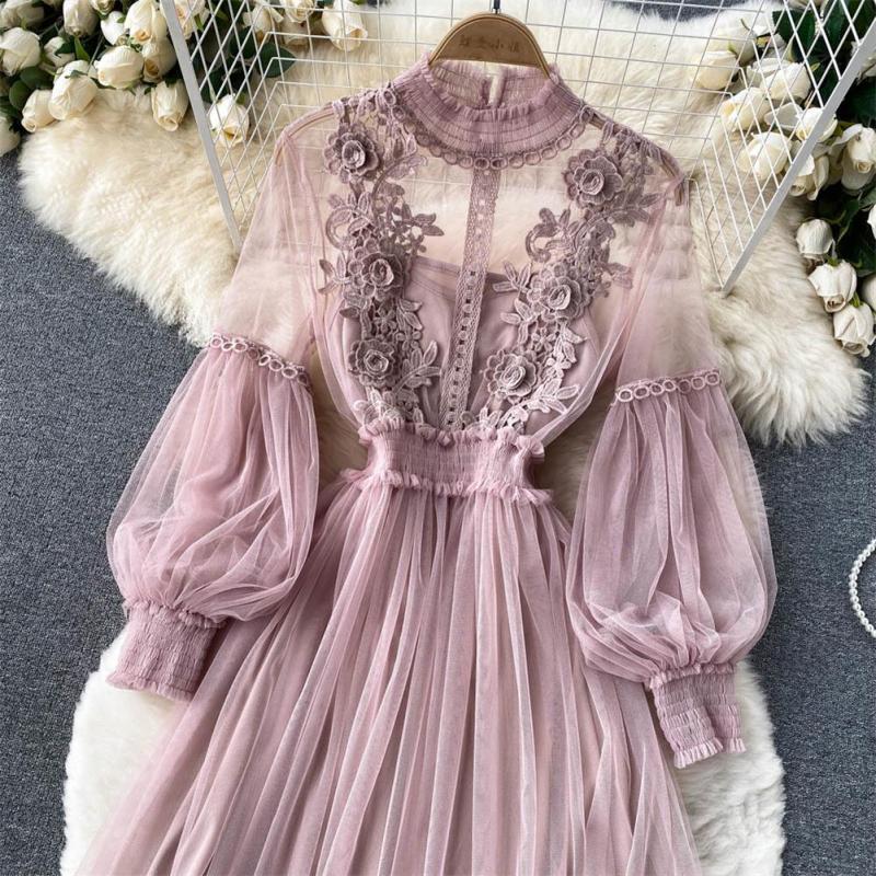 Pink Mesh Long Sleeve Lace Embroidered Two Pieces Straps Vest Casual Fashion Maxi Dress