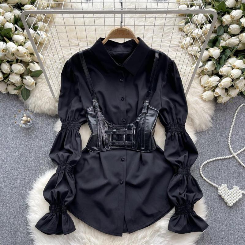 Black Puff Sleeves Two Pieces T-Skirt with PU Leather Waistband Vest Casual Women Tops