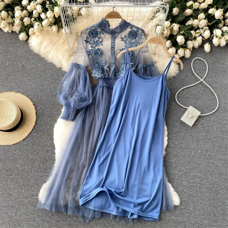 Blue Mesh Long Sleeve Lace Embroidered Two Pieces Straps Vest Casual Fashion Maxi Dress