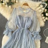 Light Blue Mesh Long Sleeve Sequins Pleated See Through Fashion Skirt Dress
