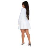 White Long Sleeve Button Pleated Sexy Women Skirt Dress