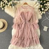 Pink Mesh Long Sleeve Sequins Pleated See Through Fashion Skirt Dress
