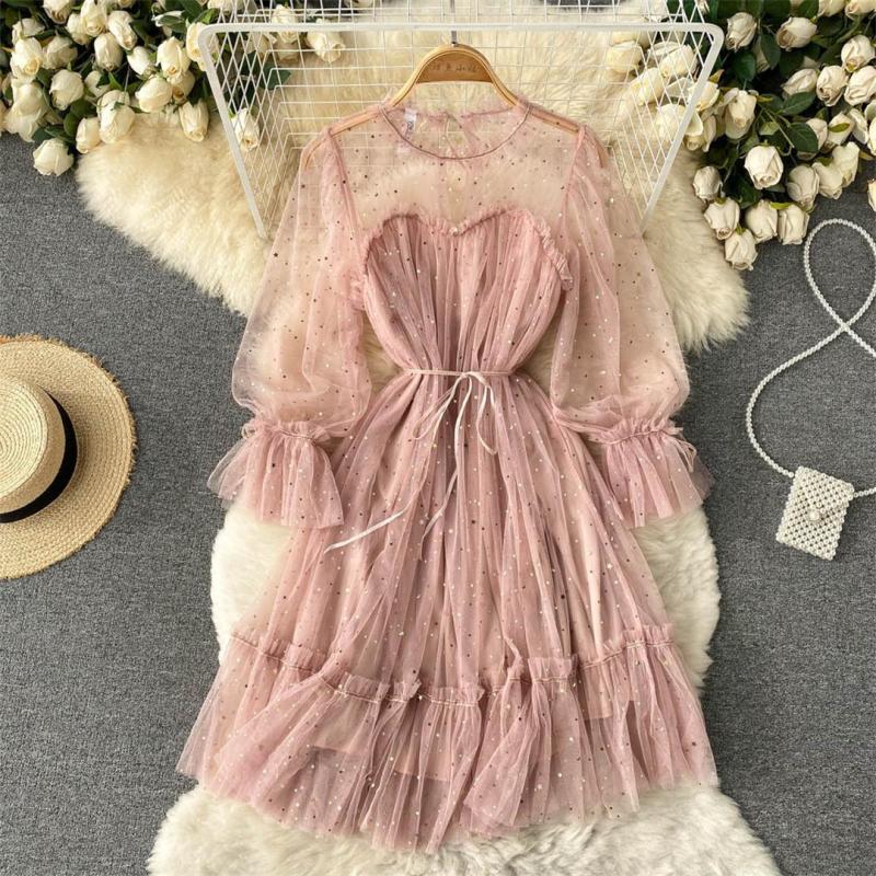 Pink Mesh Long Sleeve Sequins Pleated See Through Fashion Skirt Dress
