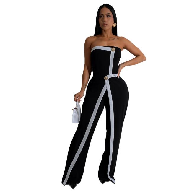 Black Off Shoulder Button Sleeveless Irregular Bodycon Casual Sexy Jumpsuit