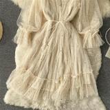 Apricot Mesh Long Sleeve Sequins Pleated See Through Fashion Skirt Dress