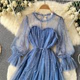 Blue Mesh Long Sleeve Sequins Pleated See Through Fashion Skirt Dress