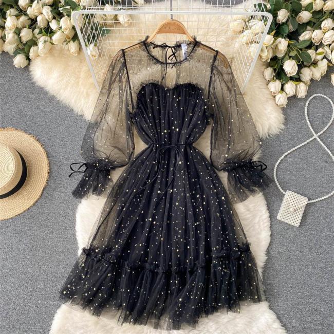 Black Mesh Long Sleeve Sequins Pleated See Through Fashion Skirt Dress