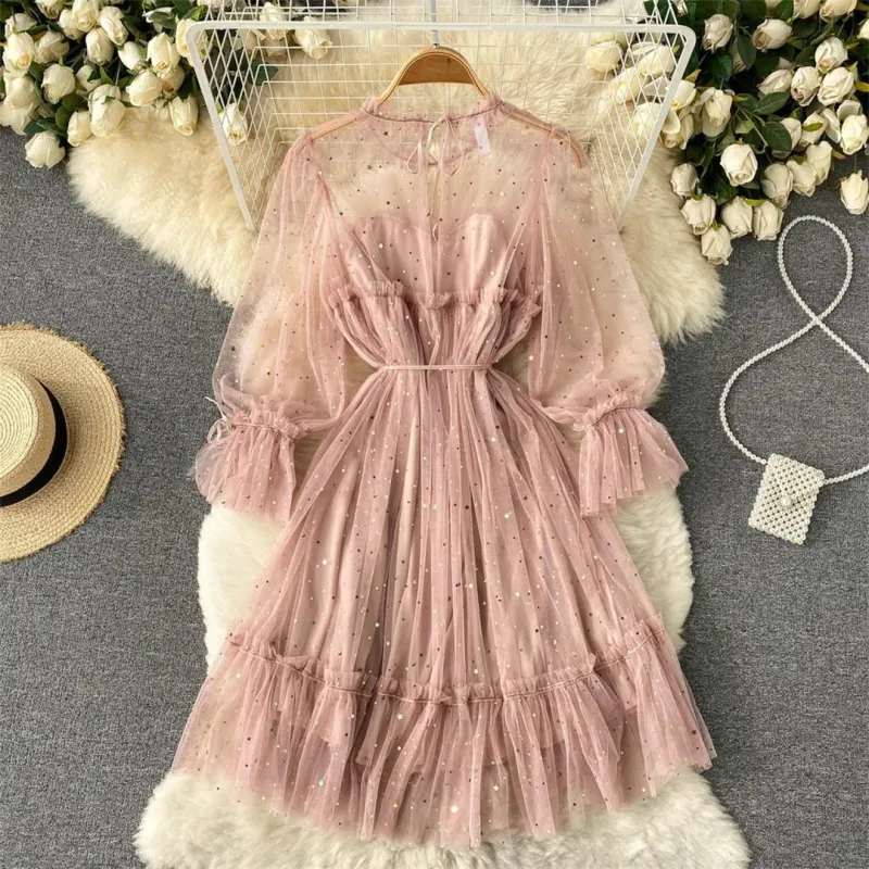 Pink Mesh Long Sleeve Sequins Pleated See Through Fashion Skirt Dress