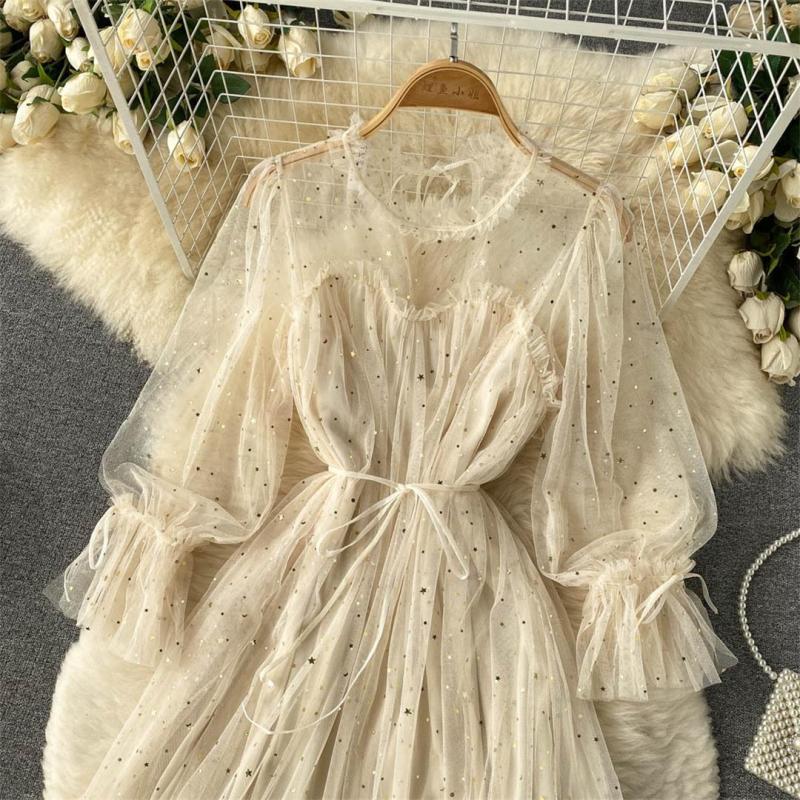 Apricot Mesh Long Sleeve Sequins Pleated See Through Fashion Skirt Dress