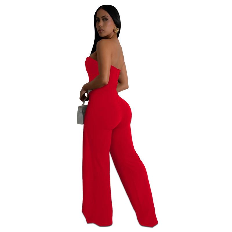 Red Off Shoulder Button Sleeveless Irregular Bodycon Casual Sexy Jumpsuit