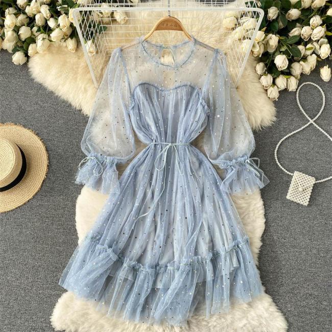 Light Blue Mesh Long Sleeve Sequins Pleated See Through Fashion Skirt Dress