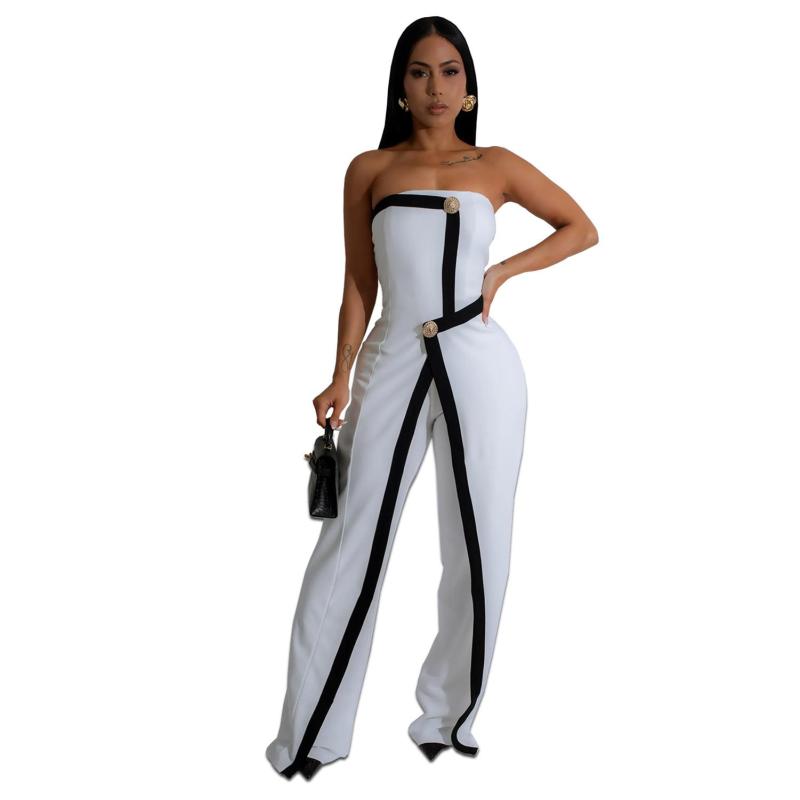 White Off Shoulder Button Sleeveless Irregular Bodycon Casual Sexy Jumpsuit