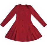 Claret Long Sleeve Button Pleated Sexy Women Skirt Dress