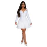 White Long Sleeve Button Pleated Sexy Women Skirt Dress