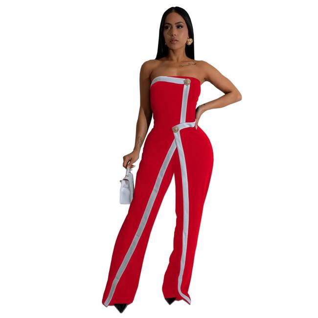 Red Off Shoulder Button Sleeveless Irregular Bodycon Casual Sexy Jumpsuit