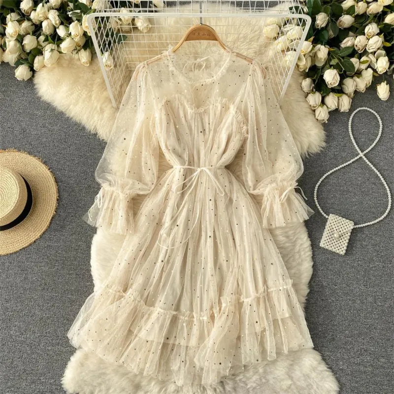 Apricot Mesh Long Sleeve Sequins Pleated See Through Fashion Skirt Dress