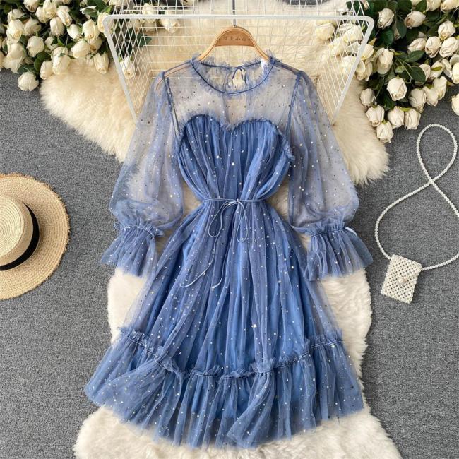 Blue Mesh Long Sleeve Sequins Pleated See Through Fashion Skirt Dress