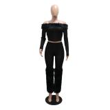 Black Two Pieces Faux Fur Off Shoulder Women Long Pant Sets