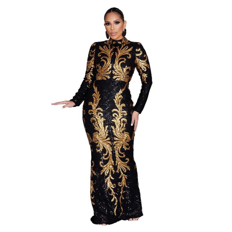 Gold-Black Sequins Long Sleeve Elegant Women's Party Formal Long Dress