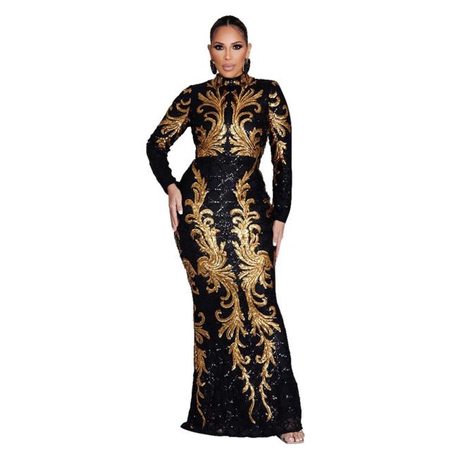 Gold-Black Sequins Long Sleeve Elegant Women's Party Formal Long Dress