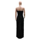 Black Off Shoulder Sequins Slit Luxury Women Party Maxi Dress