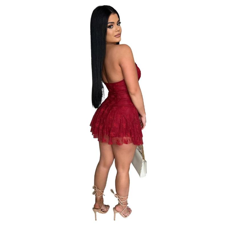 Red Off Shoulder Lace Hollow Out Sexy Party Mini Dress