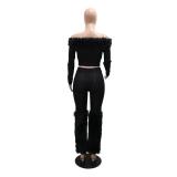 Black Two Pieces Faux Fur Off Shoulder Women Long Pant Sets