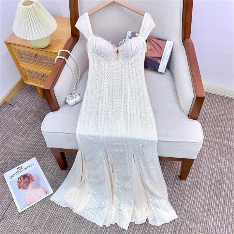 White Straps Low Cut V Neck Peals Tassels Bodycon Pleated Women Formal Long Dress