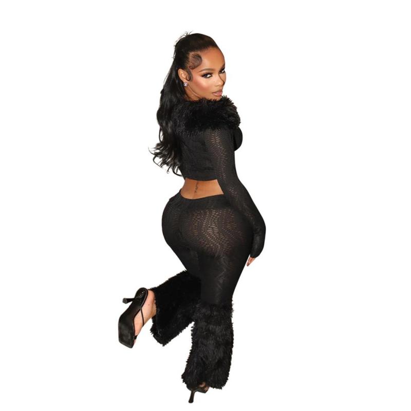 Black Two Pieces Faux Fur Off Shoulder Women Long Pant Sets