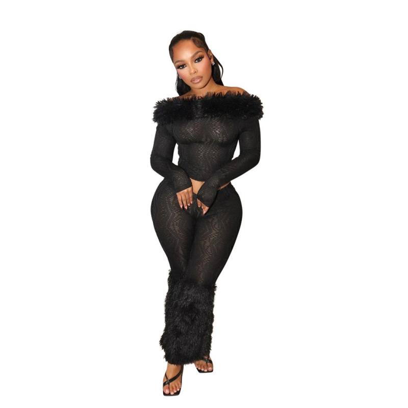 Black Two Pieces Faux Fur Off Shoulder Women Long Pant Sets