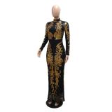 Gold-Black Sequins Long Sleeve Elegant Women's Party Formal Long Dress