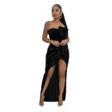 Black Off Shoulder Sequins Slit Luxury Women Party Maxi Dress