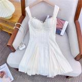 White Straps Low Cut V Neck Peals Tassels Bodycon Pleated Women Formal Mini Dress