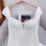 White Straps Low Cut V Neck Peals Tassels Bodycon Pleated Women Formal Mini Dress