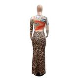 White Printed Crop Tops Two Pieces Leopard Bodycon Skirt Dress Sets