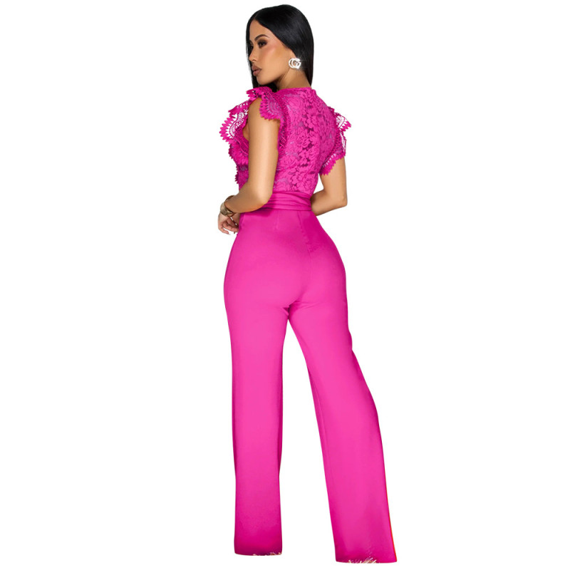 Rose Red Lace V Neck Embroidered Sleeveless Belt Bodycon Sexy Jumpsuit