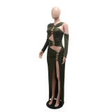 Green Cut Out Long Sleeve Snatched Bodycon Slit Party Evening Dress