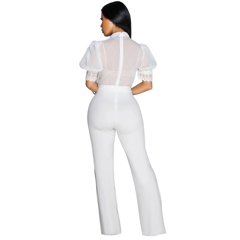 White Short Sleeve Lace Embroidered Fashion Women Elegant Bodycon Jumpsuit Dress