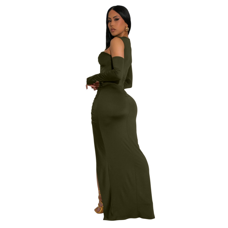 Green Cut Out Long Sleeve Snatched Bodycon Slit Party Evening Dress