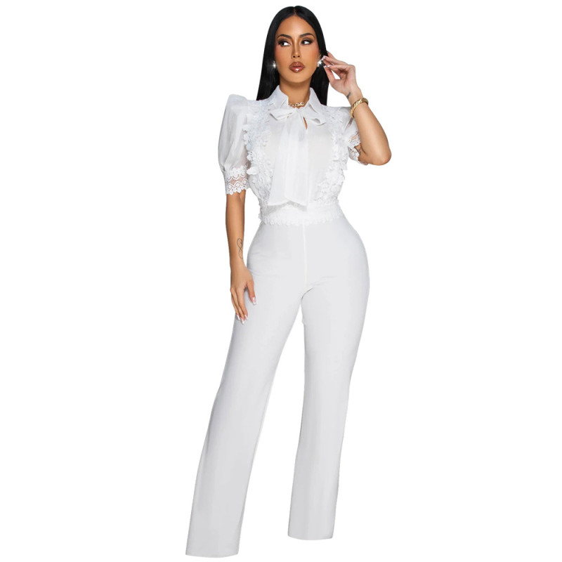 White Short Sleeve Lace Embroidered Fashion Women Elegant Bodycon Jumpsuit Dress
