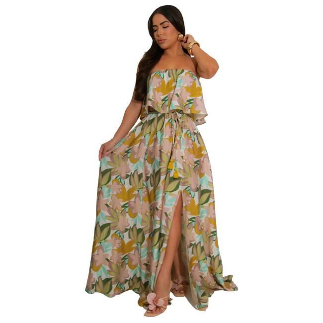 Beige Off Shoulder Printed Ruffles Fashion Floral Maxi Dress