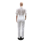 White Short Sleeve Lace Embroidered Fashion Women Elegant Bodycon Jumpsuit Dress
