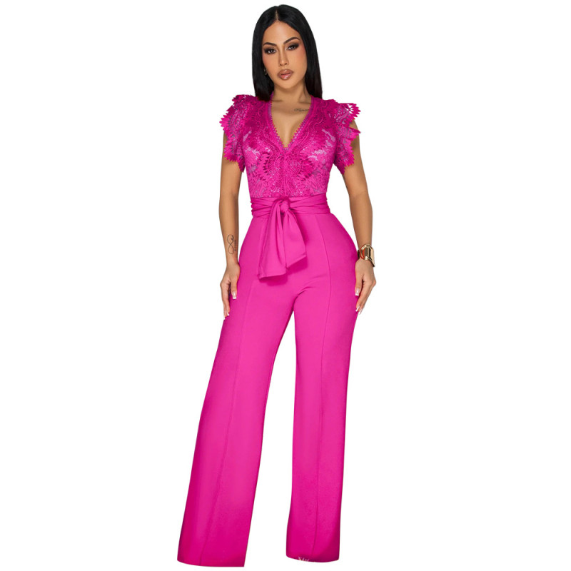 Rose Red Lace V Neck Embroidered Sleeveless Belt Bodycon Sexy Jumpsuit