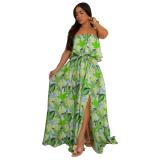 Green Off Shoulder Printed Ruffles Fashion Floral Maxi Dress