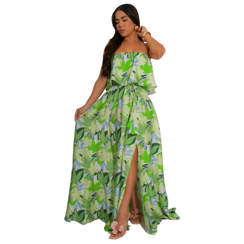 Green Off Shoulder Printed Ruffles Fashion Floral Maxi Dress
