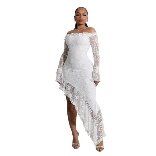 White Long Sleeve Lace Hollow Out Off Shoulder Irregular Sexy Midi Dress