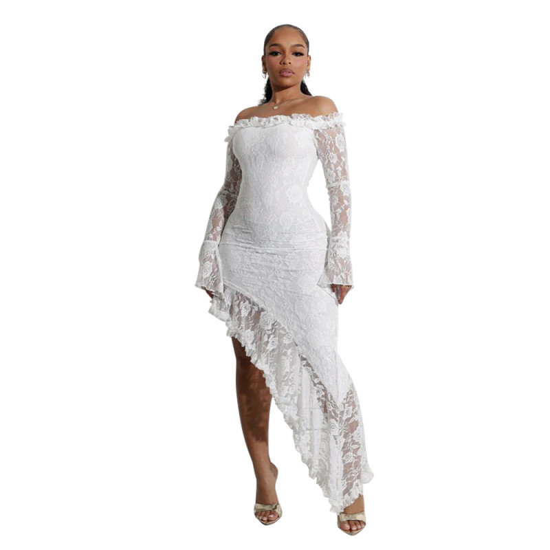 White Long Sleeve Lace Hollow Out Off Shoulder Irregular Sexy Midi Dress