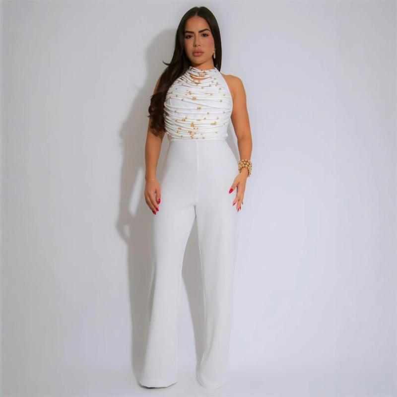 White Halter Backless Lace Up Bandage Tassels Women Casual Sexy Jumpsuit