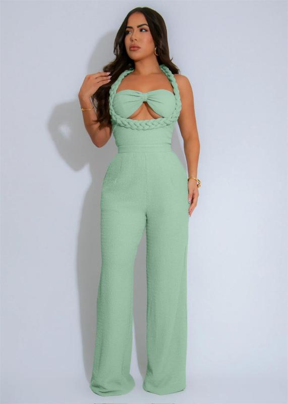 Green Sleeveless Straps Low Cut Bodycon Weaving Bodycon Casual Jumpsuits
